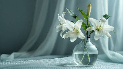 White lily flowers in vase on wooden table and blue wall background.