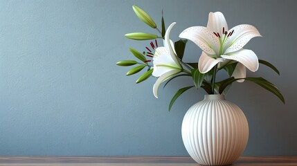White lily flowers in vase on wooden table and blue wall background.