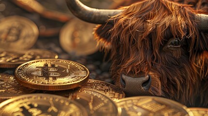 In a close up a Highland cows determined eyes fixate on Bitcoins against a surreal ethereal background - obrazy, fototapety, plakaty