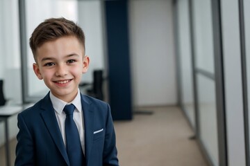 Young boy wearing a suit standing in the office with copy space.