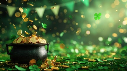 st. Patrick's day green background with black pot and gold conies. a background with shamrocks.