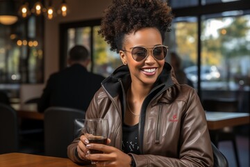 smiling Afro woman using mobile phone while sitting in front of laptop - obrazy, fototapety, plakaty