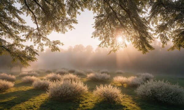 Sunrise in a misty summer meadow with blooming trees
