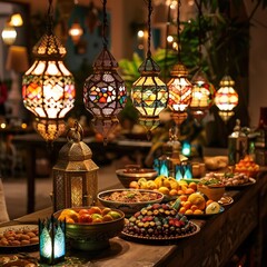  Middle Eastern traditional, Ramadan "Iftar".  large menu. Conceptual image of Ramadan Feast.
