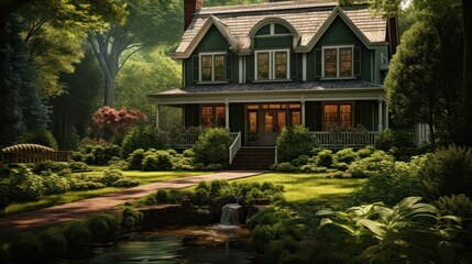 serene landscape featuring a classic Colonial-style house surrounded by lush greenery, showcasing timeless elegance