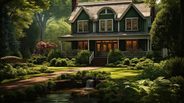 serene landscape featuring a classic Colonial-style house surrounded by lush greenery, showcasing timeless elegance