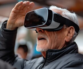 Senior Man Experiencing Virtual Reality Headset, Elderly gentleman using a virtual reality headset, expressing wonder and engagement with modern technology.