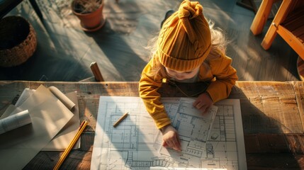 Child Exploring Architectural Blueprints at Home, A young child in a yellow beanie is intently examining architectural blueprints spread out on a wooden table, illuminated by sunlight.