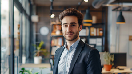 Fototapeta premium portrait of a young businessman in his 30s standing in a modern office, young entrepreneur smiling 