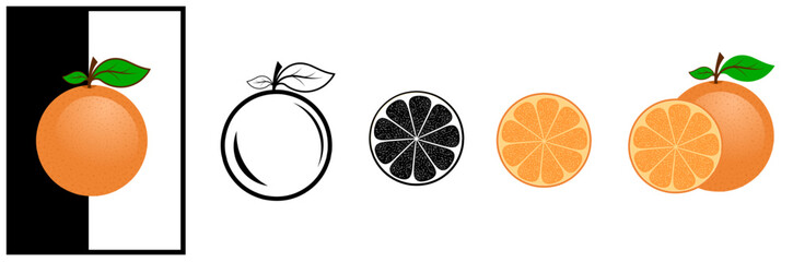 Orange fruit. Orange fruit set, Oranges that are segmented on a black and white background.