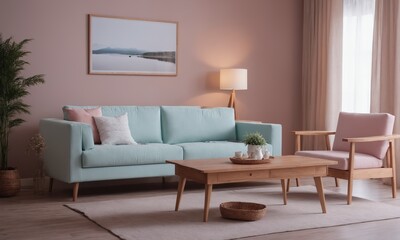 Interior of living room with sofa and coffee table. 3d rendering