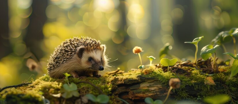 A wild European hedgehog is sitting on a mossy log in a lush forest setting. The hedgehogs spines are visible, and its small eyes are alert. The log is covered in green moss, contrasting with the