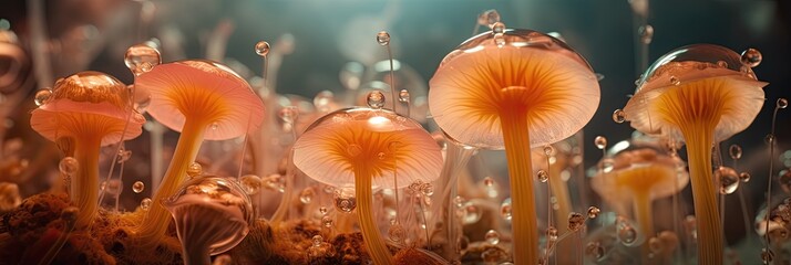 Cluster of Mushrooms Growing in Grass - obrazy, fototapety, plakaty