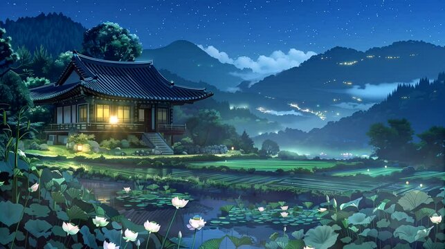 A historic South Korean house nestled in the serene countryside, and mist-shrouded mountains at night. Fantasy landscape anime or cartoon style, looping 4k time-lapse video animation background