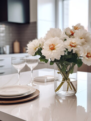 Fototapeta na wymiar white empty table in the foreground, next to a vase of flowers, against the background of a blurred stylish modern kitchen сreated with Generative Ai