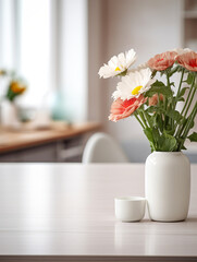 white empty table in the foreground, next to a vase of flowers, against the background of a blurred stylish modern kitchen сreated with Generative Ai