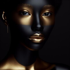 Female model with gold skin and lips makeup 