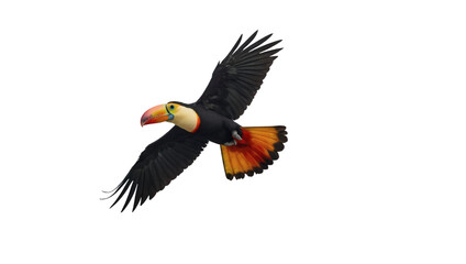 Fototapeta premium A radiant and lively toucan in flight stands out against a transparent background