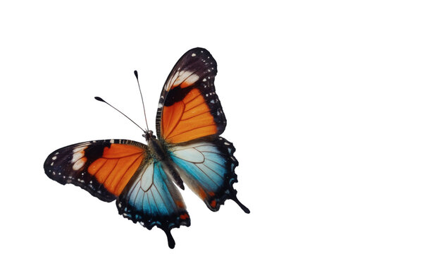 A vibrant and radiant butterfly gracefully flutters on a transparent background