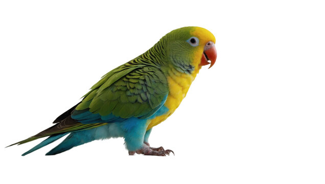 A bright and colorful parakeet soars against a clean, transparent background