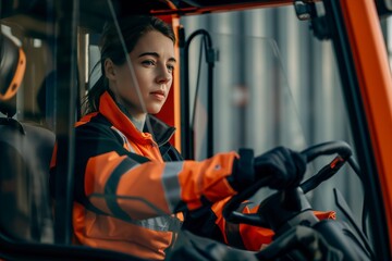 Woman in orange and black jacket driving a forklift at shipping container yard.