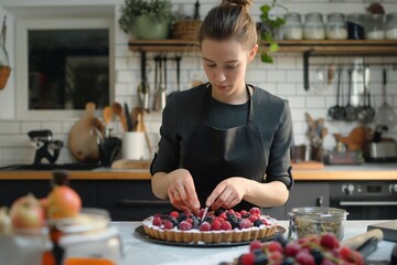 Young woman in a kitchen cutting a berry-covered cake.