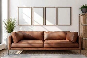A minimalist living room featuring a couch and a potted plant.