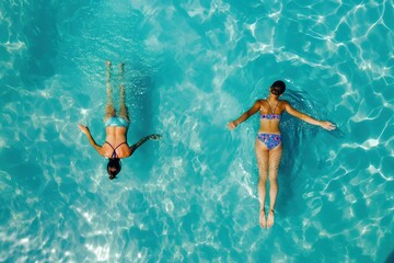Two women wearing bikinis are swimming in a pool.