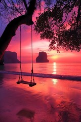Swing suspended from tree on Railay Beach, Krabi, Thailand.