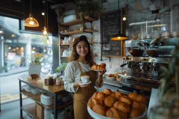 A woman holding a plate of food in front of a counter.