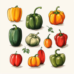 hand drawn cottagecore style, assorted bell peppers, white background сreated with Generative Ai