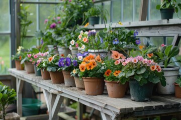 Fototapeta na wymiar Clay pots with Spring Flowers on wooden bench in Greenhouse. Colorful plants gardening. Herb replanting in the green house