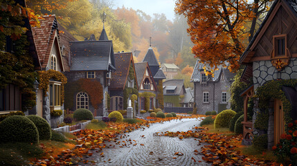 house on the road in autumn season, generative ai - obrazy, fototapety, plakaty