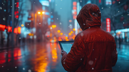 work, rainy day, artistic conception, man