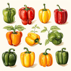 hand drawn cottagecore style, assorted bell peppers, white background сreated with Generative Ai