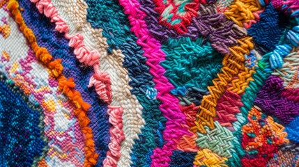 Fragment of colorful retro tapestry textile pattern with floral ornament useful as background