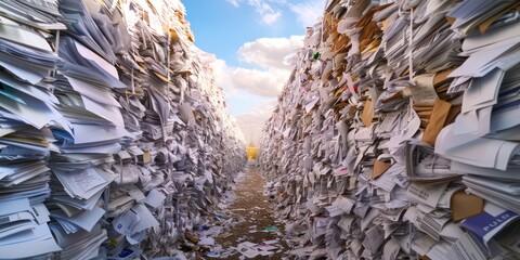 Mountain of Shredded paper on blue sky background. land of paper, pile stack of full paper 