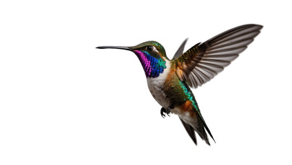 A colorful and brilliant hummingbird soars through the sky against a transparent background