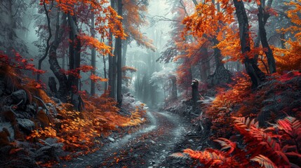 temperate deciduous forest, Autumn forest orange red are way or a road and pine carpet oak beech maple tree willow mysterious colorful leaves trees nature change seasons landscape Top view background - obrazy, fototapety, plakaty