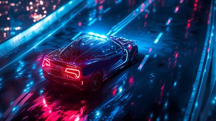 Aerial Drone Following Futuristic 3D Concept Car. Autonomous Self Driving Van Moving Through City Highway. Visualized AI Sensors Scanning Road Ahead for Speed Limits, Vehicles, Pedestrians.