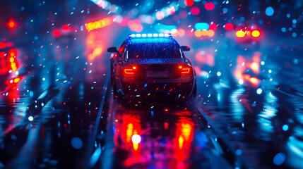 Police car chasing a car at night with fog background. 911 Emergency response police car speeding to scene of crime. Creative decoration. Selective focus - obrazy, fototapety, plakaty