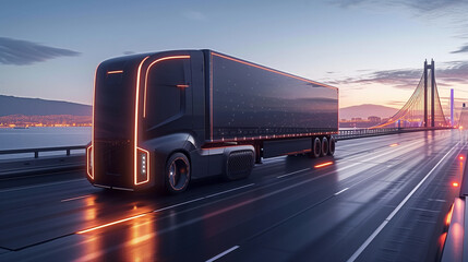 Futuristic Technology Concept: Autonomous Self-Driving Truck with Cargo Trailer Drives on the Road with Scanning Sensors. 3D Zero-Emissions Electric Lorry Driving Fast on Scenic Highway Bridge.