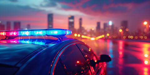 Police car chasing a car at night with fog background. 911 Emergency response police car speeding to scene of crime. Creative decoration. Selective focus