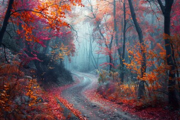  temperate deciduous forest, Autumn forest orange red are way or a road and pine carpet oak beech maple tree willow mysterious colorful leaves trees nature change seasons landscape Top view background - obrazy, fototapety, plakaty