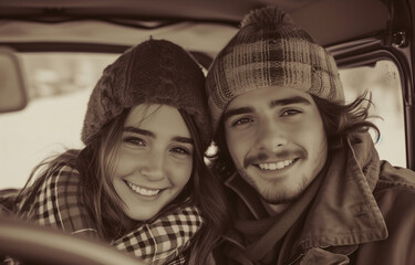 Fototapeta premium Pretty lovely couple sitting inside a retro car