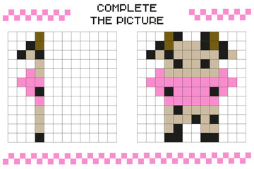Complete the picture, complete the image of the grid. Coloring pages of cell areas. Children's educational games. Cow.
Educational cards for children. Pixel art. Mosaic for children