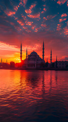 Naklejka premium mosque on the riverbank at sunset. Islamic Background 