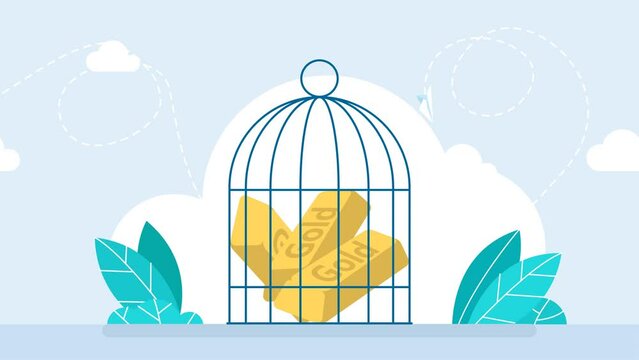 A birdcage is full of gold bars. Wealth in non-access zones. Sanctions. Arrest of money, property, wealth. Loss of freedom, imprisonment. Gold, gold bars, cage, prison. 2d flat bright animation
