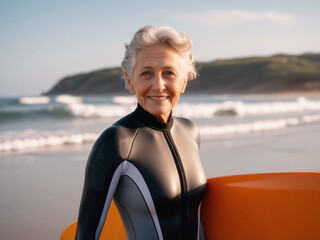 Fototapeta premium Confident senior woman in wetsuit holding surf board on beach sunrise ready to surf waves