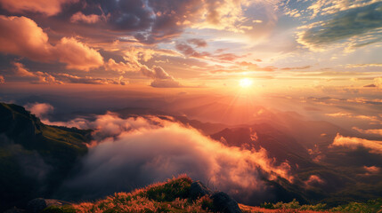Fototapeta premium Beautiful sunset above the clouds in the mountains. Nature background.